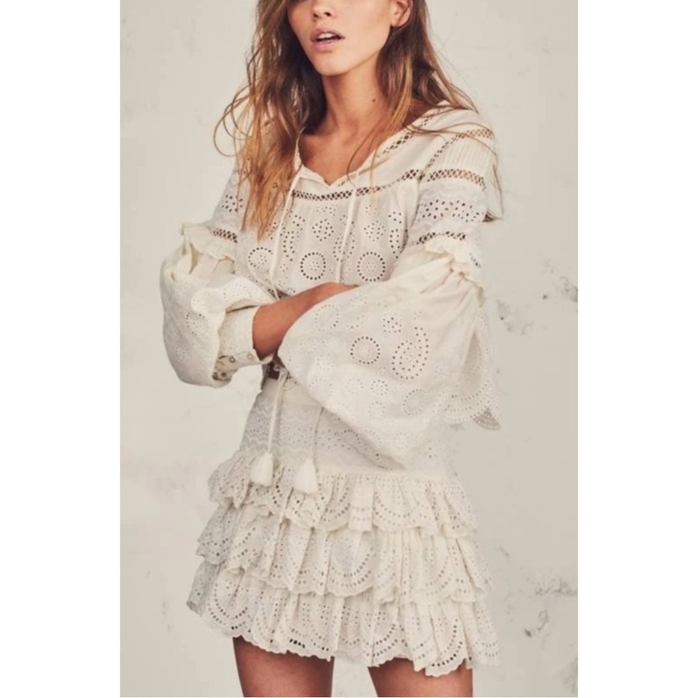 LoveShackFancy | Eyelet Lace Ruffled Tiered Mini Skirt in Ivory, Size 8